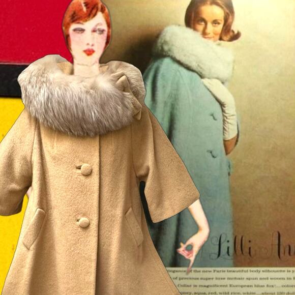 1960s Lilli Ann Tisse a Paris Caramel Swing Mohair Coat w/ Fur Collar, Bow 39” - Picture 1 of 16